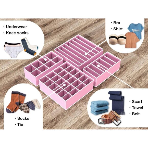 4-Pack Foldable Drawer Organizer Set for Underwear, Socks & Accessories, Pink - Picture 4 of 9